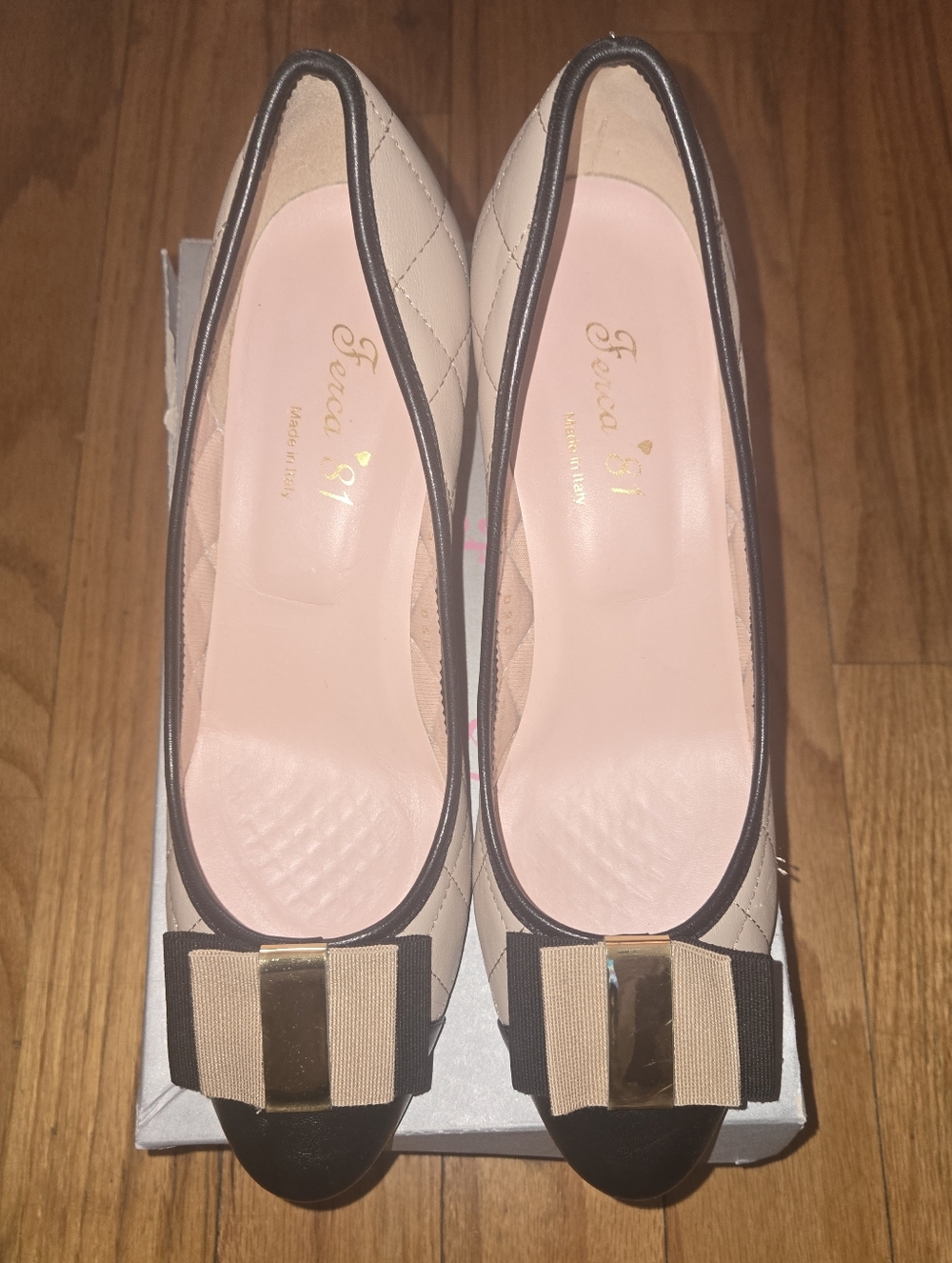 Quilted Beige Ballet Flats with Black Trim and Bow Accent - Leather